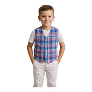 IZOD Boys Vest Size 8 Plaid Button Front Cotton Blue PinkEaster